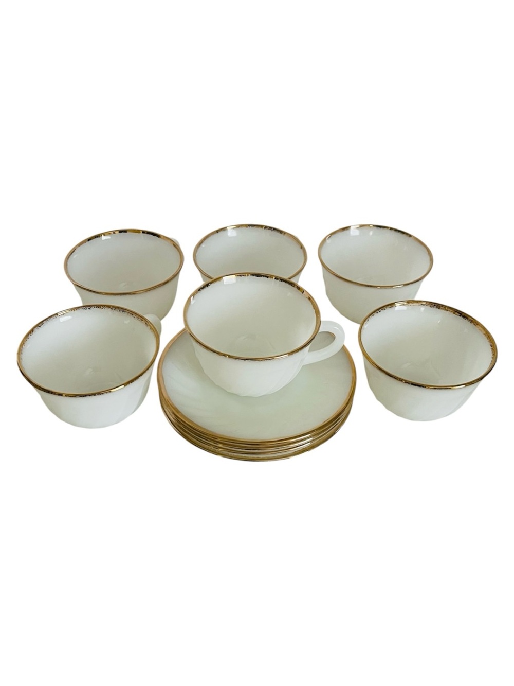 Vintage Anchor Hocking Fire King White Cup & Saucer Gold Rim Tea Mug~ 6 Sets